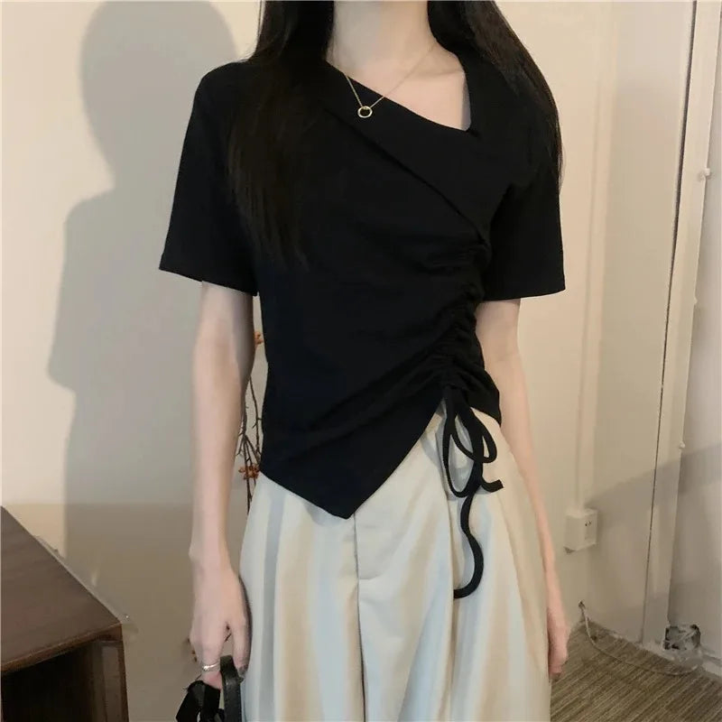 アシンメトリー ドローストリングTシャツ ホワイト
