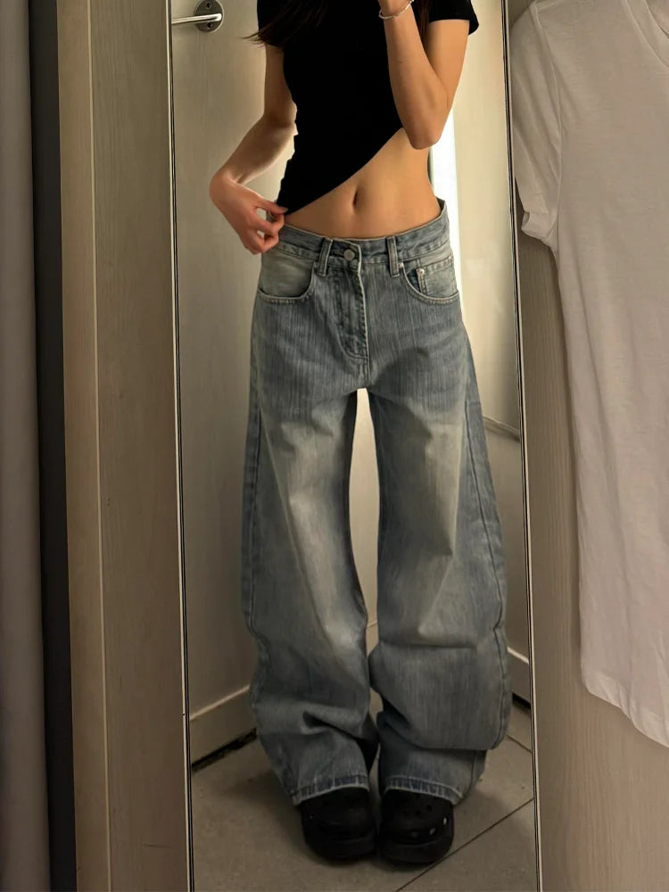 レトロブルー ワイドレッグ デニムパンツ