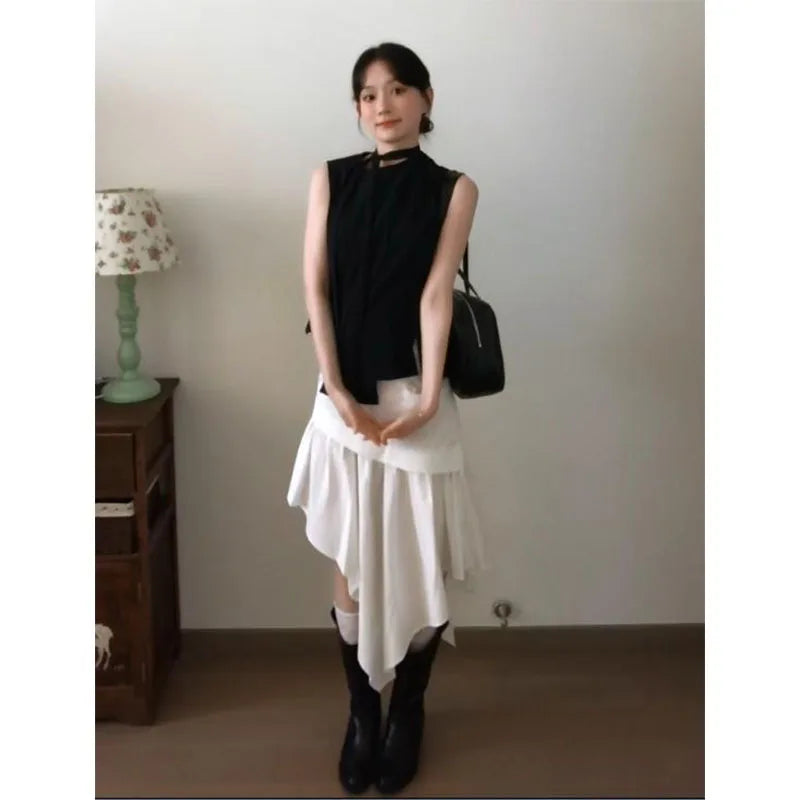 レース切替 アシンメトリー Aラインスカート 白