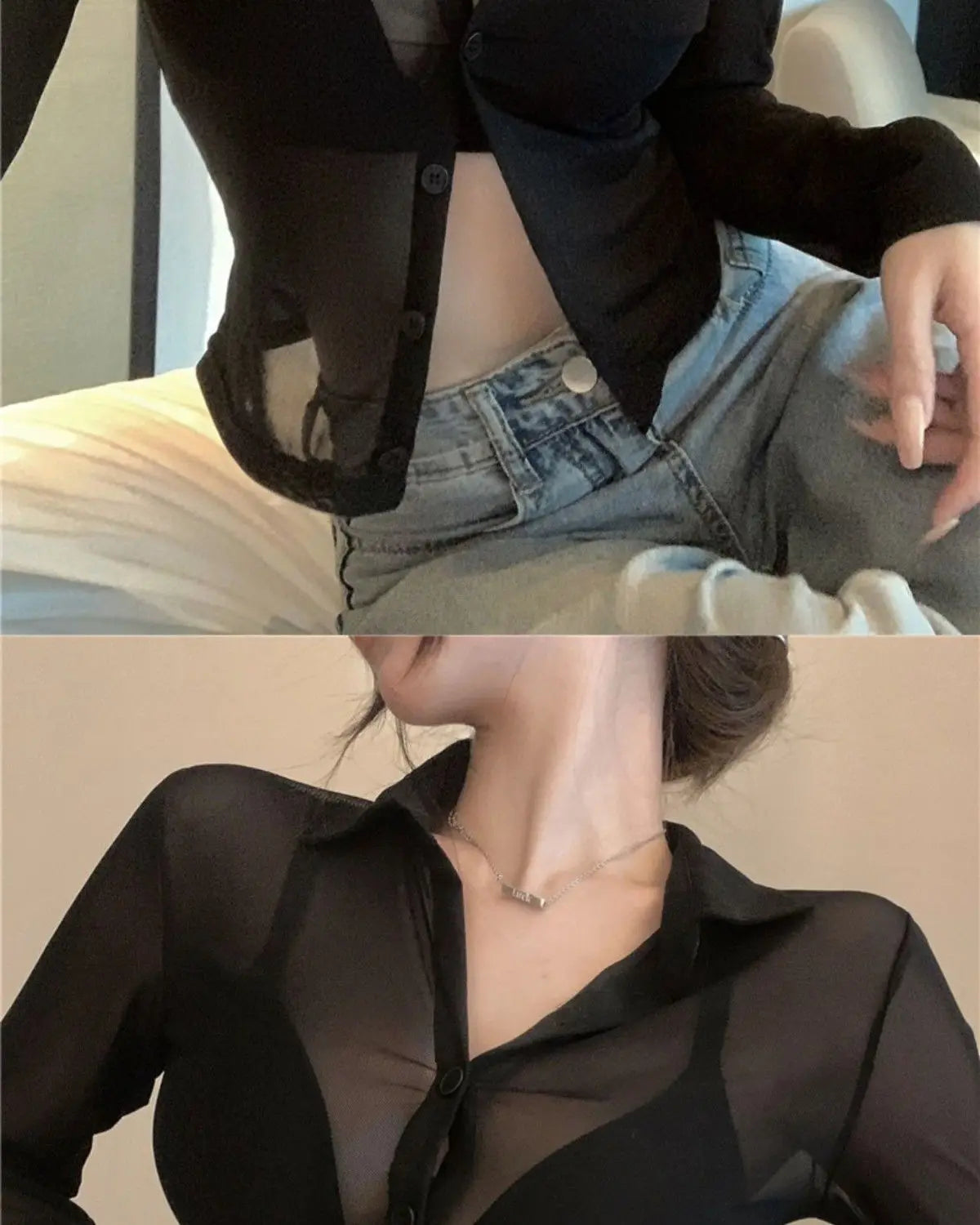 シアーシフォン 長袖ボタンシャツ ブラック