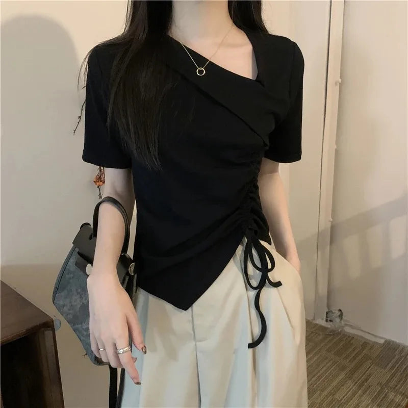 アシンメトリー ドローストリングTシャツ ホワイト