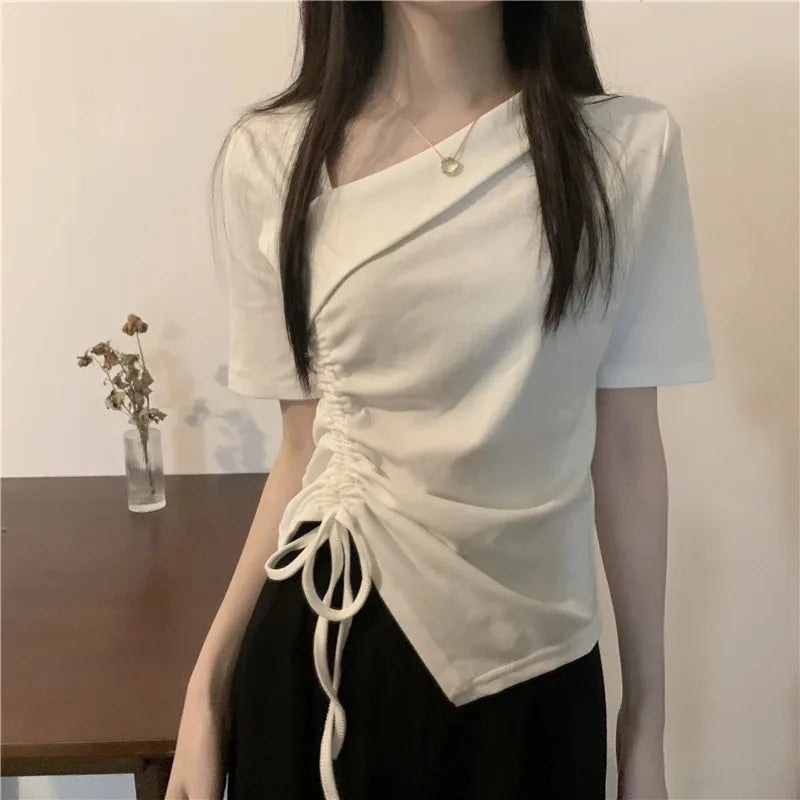 アシンメトリー ドローストリングTシャツ ホワイト