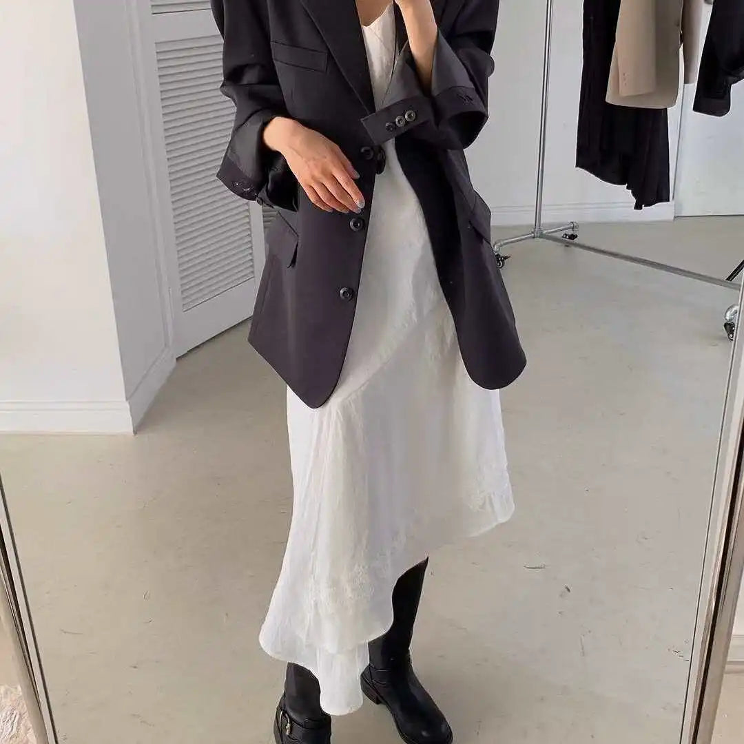 アシンメトリーヘム Vネックロングワンピース ブラック