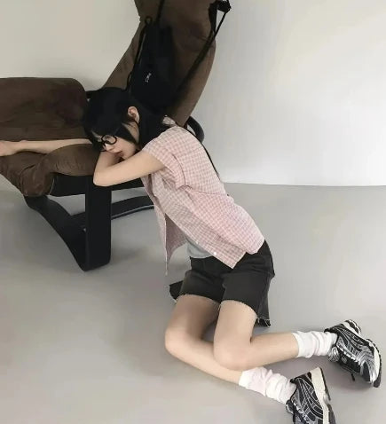 チェック柄 半袖ルーズシャツ 韓国風