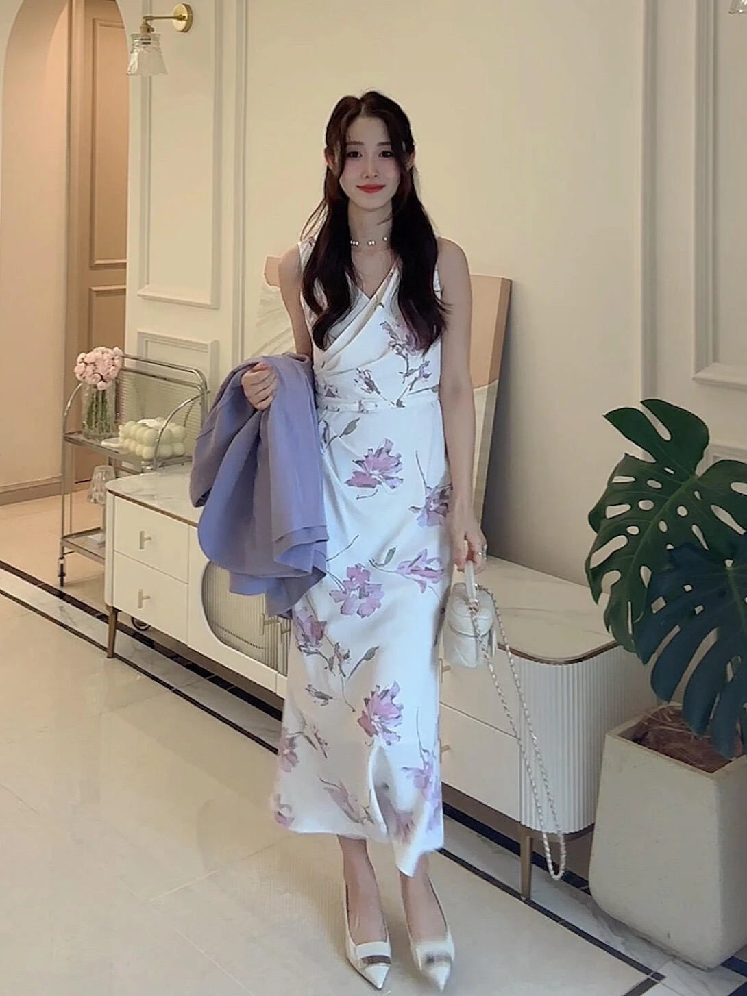 花柄 Vネック ベルト付きロングワンピース