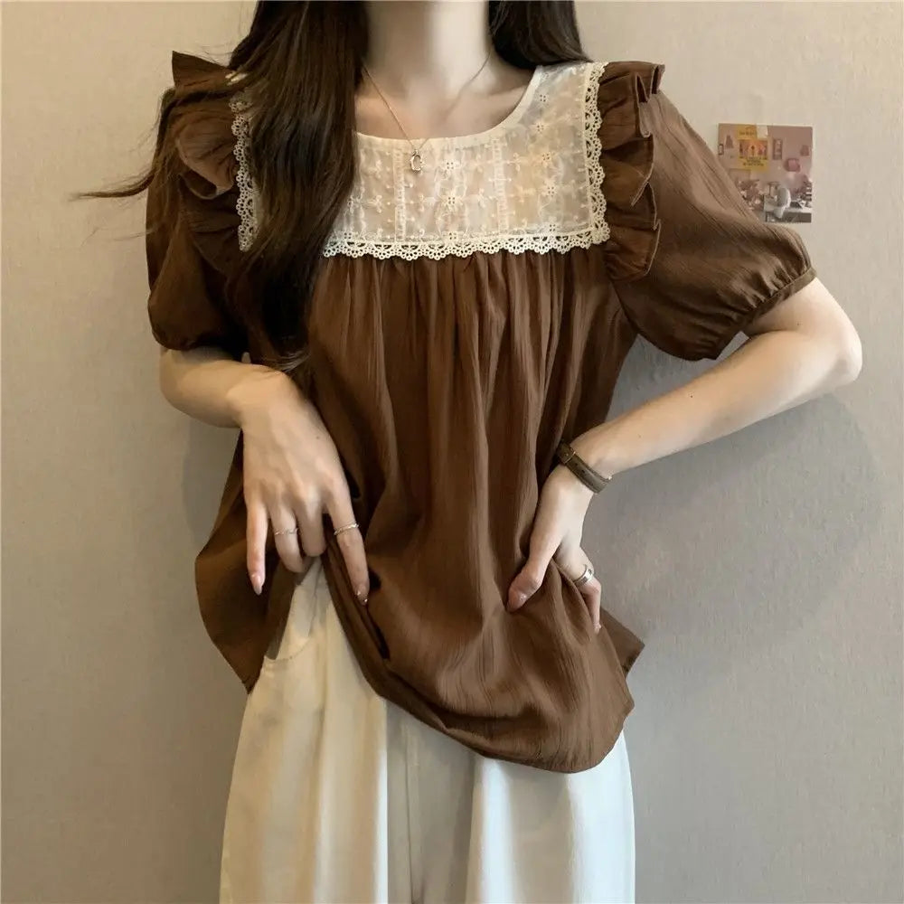 配色フリル スクエアネックブラウス