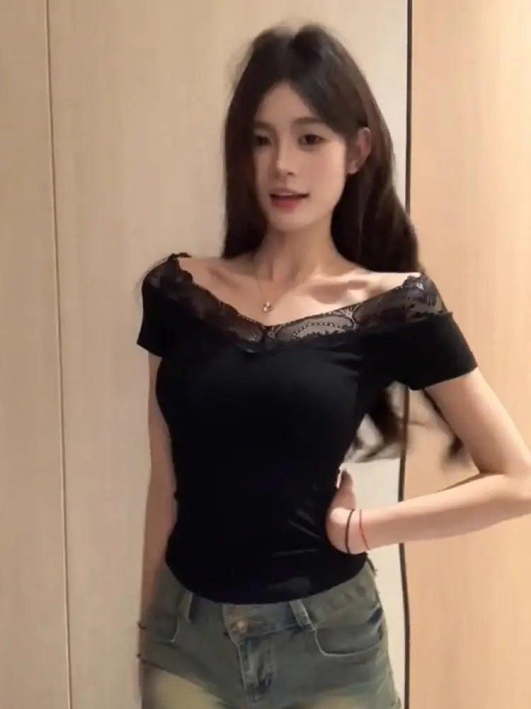 レース切替 ワンショルダー半袖Tシャツ