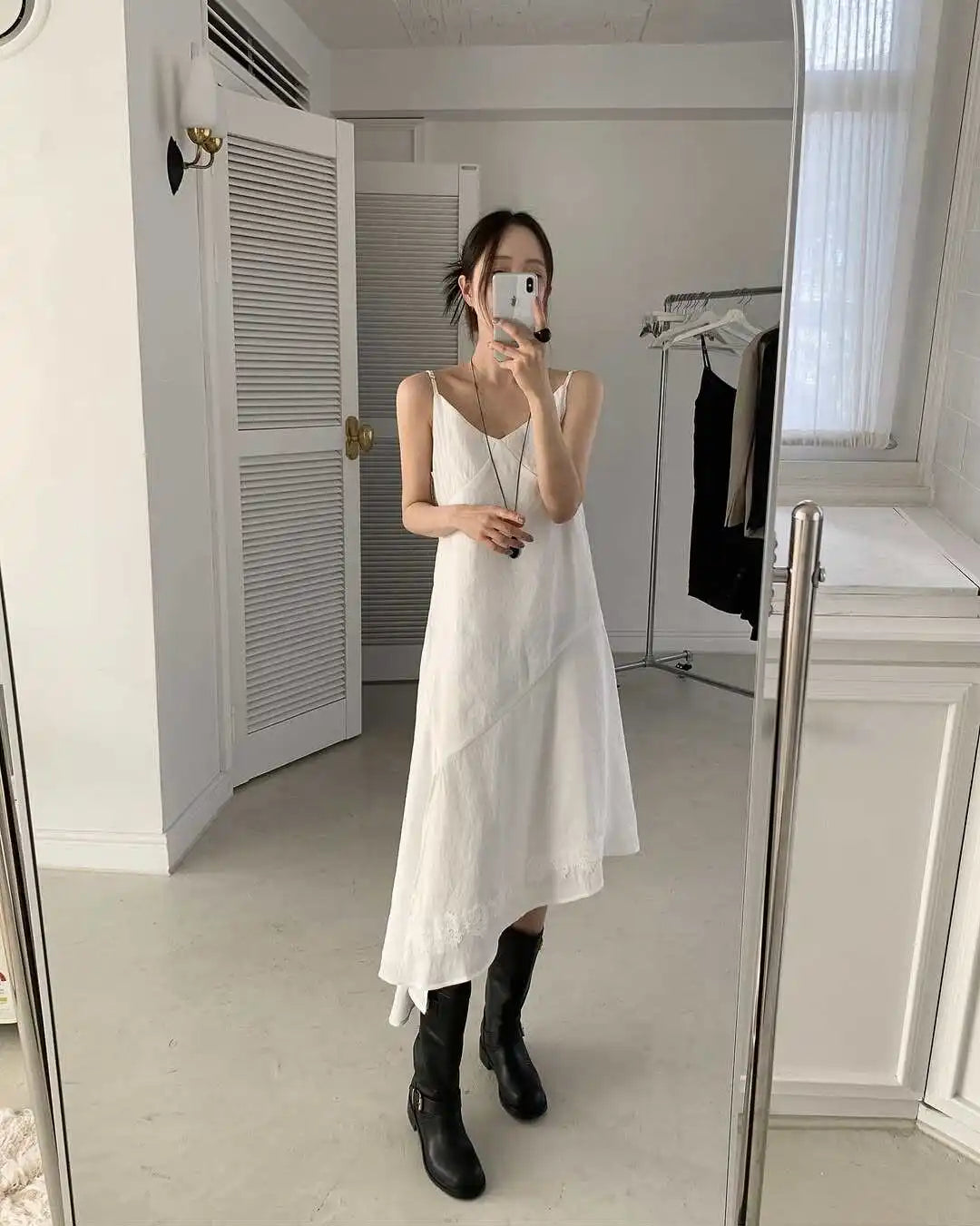 アシンメトリーヘム Vネックロングワンピース ブラック
