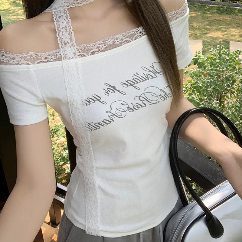 Y2K レース スラッシュネックTシャツ