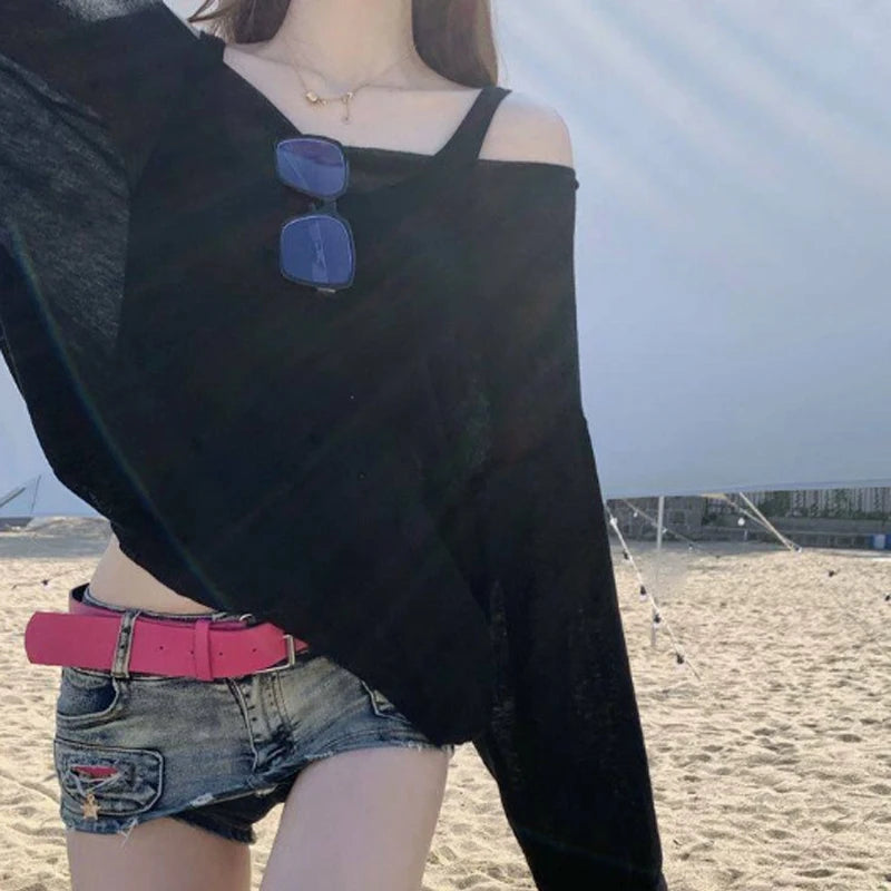 オフショルダー UVカット シアー長袖トップス