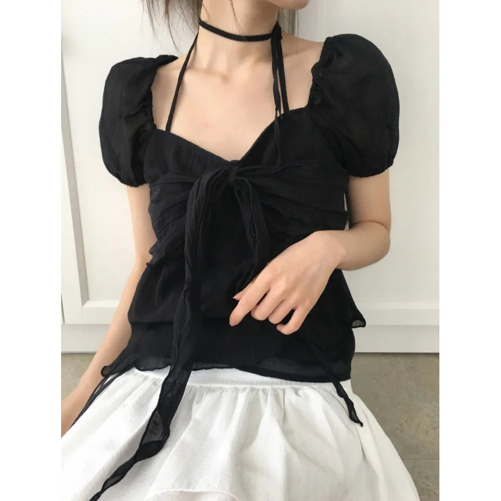 バブルスリーブ ウエストリボン シフォンブラウス
