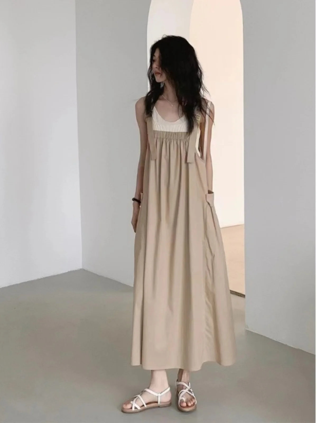 ワイドストラップ ゆったりロングワンピース