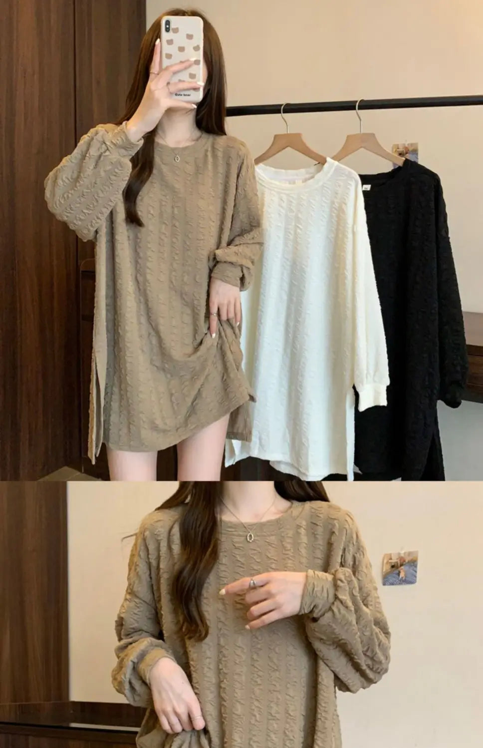 オーバーサイズ スリット入り 長袖チュニックTシャツ