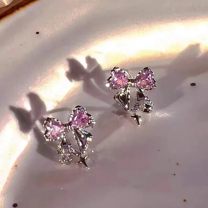 ピンククリスタル リボンピアス Y2K
