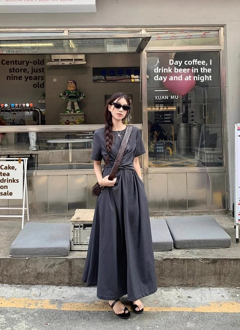 クロスベルト 半袖ロングワンピース ダークグレー