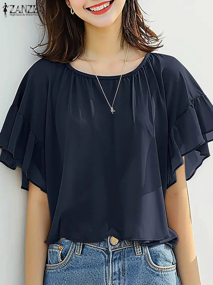 ZANZEA ラッフルヘム シフォンチュニック