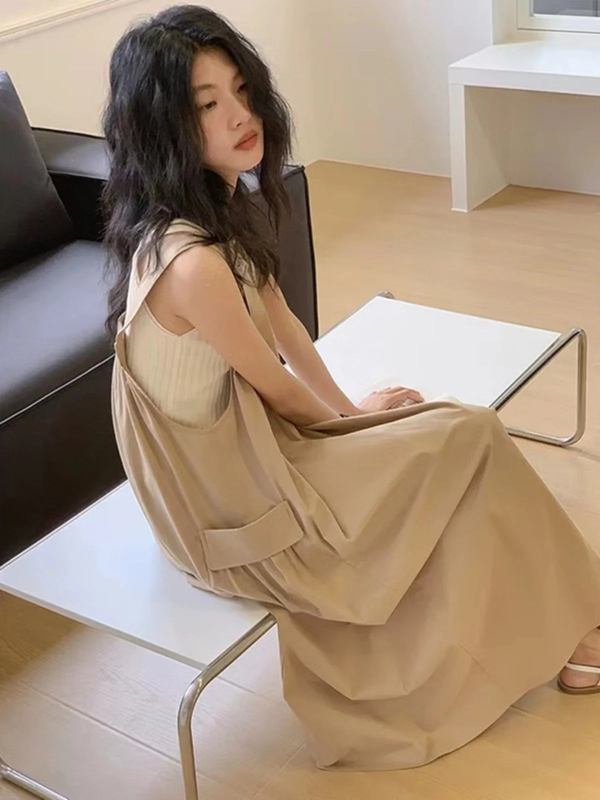 ワイドストラップ ゆったりロングワンピース