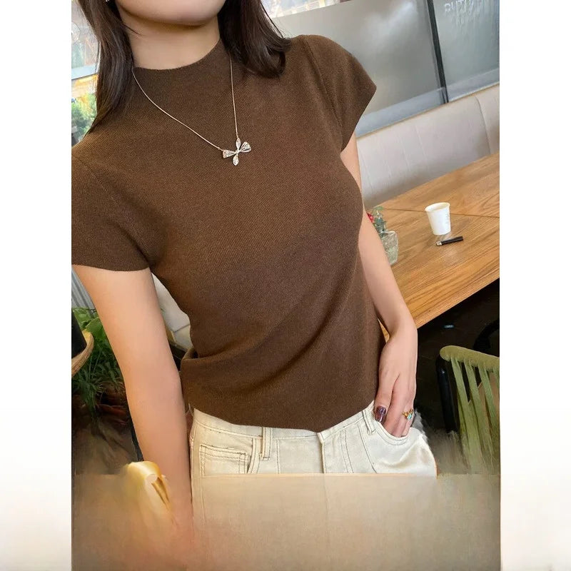 ハーフハイネック 半袖スリムTシャツ