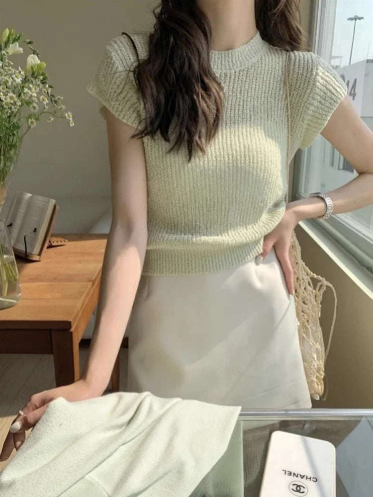 グリーン 透かし編み 半袖サマーニット