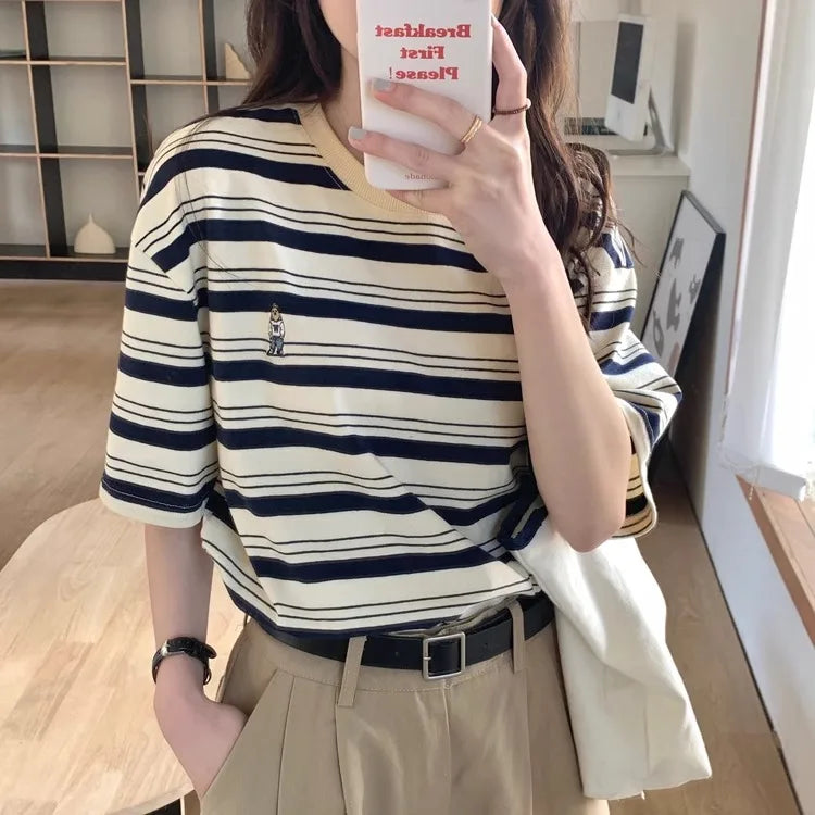 ボーダー柄 ルーズフィット 半袖Tシャツ