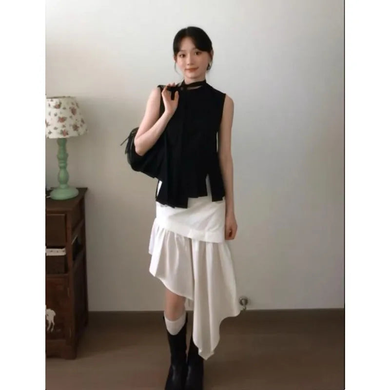 レース切替 アシンメトリー Aラインスカート 白