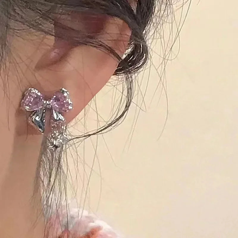 ピンククリスタル リボンピアス Y2K