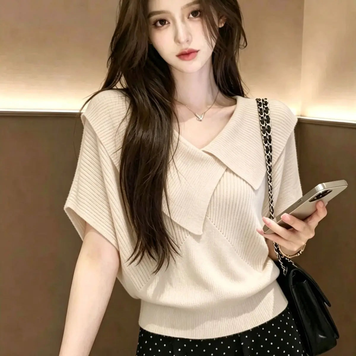 アイスシルク Vネック イレギュラーヘム半袖Tシャツ