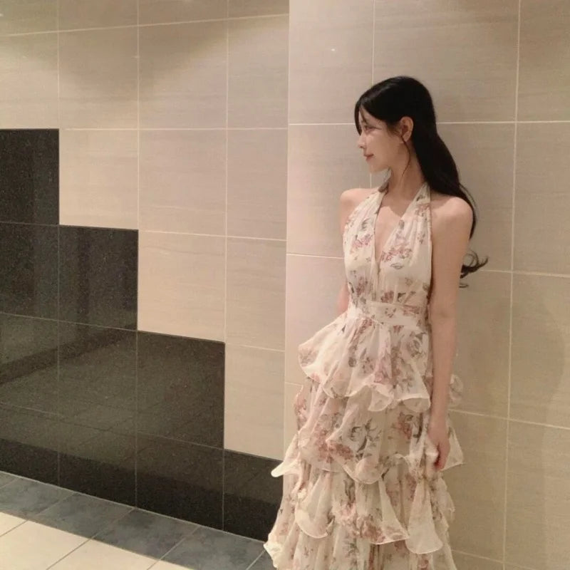 花柄シフォン Vネックマキシワンピース