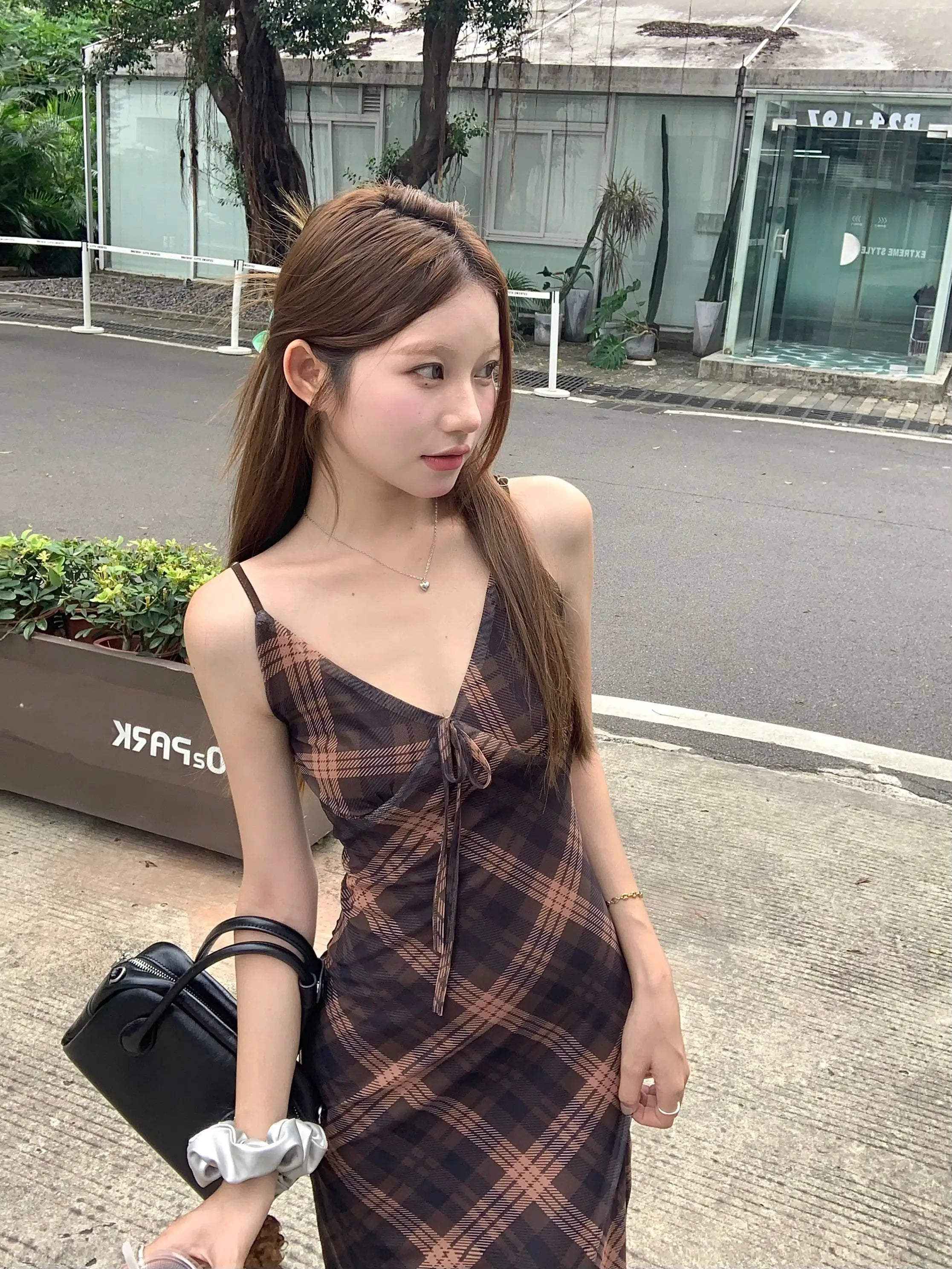 フレンチ調 グリッド柄 キャミソールワンピース