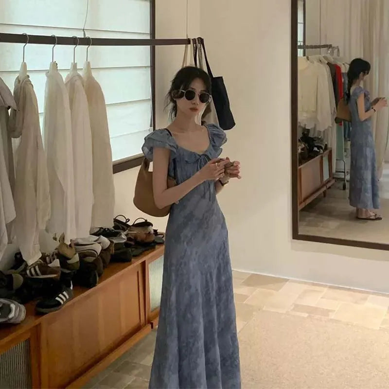ブルー花柄 フライスリーブ ロングワンピース