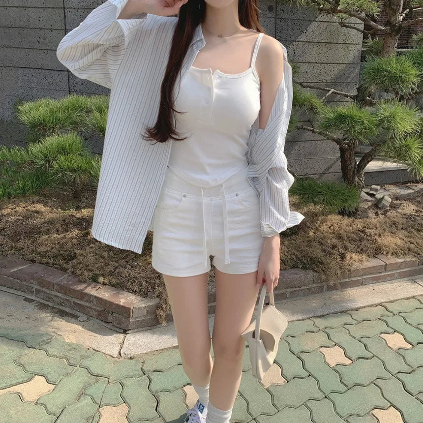 ハイウエスト デニムショートパンツ 白 ベルト付き