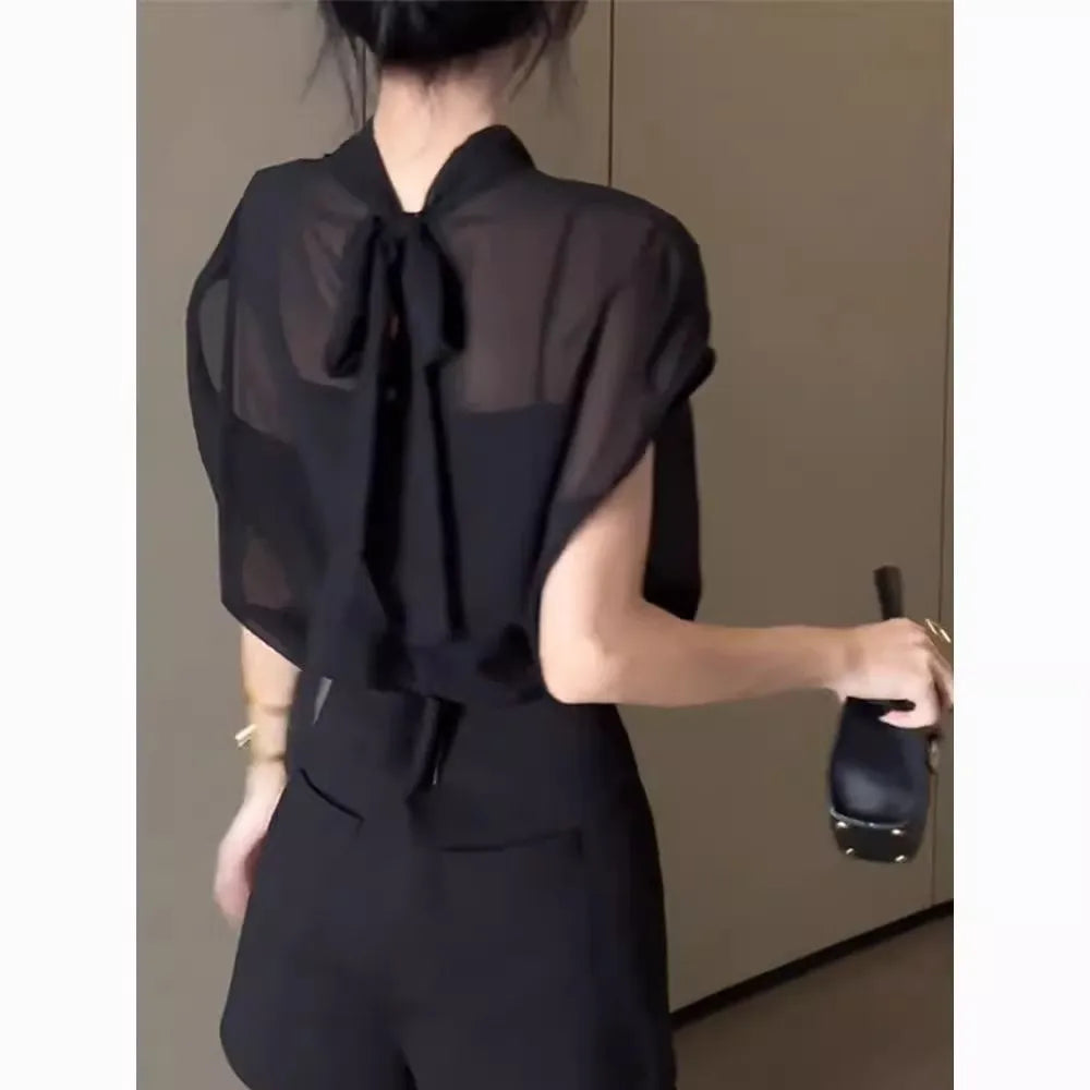 スタンドカラー リボン シフォンブラウス ブラック