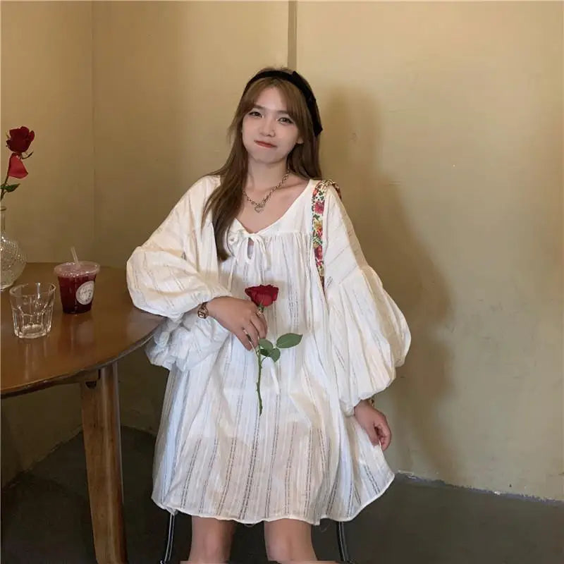 リボンタイ ゆったりロング丈ブラウス ホワイト