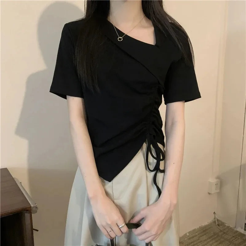 アシンメトリー ドローストリングTシャツ ホワイト