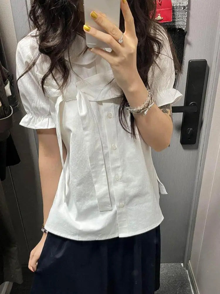 Erwofeina 丸襟リボン付き半袖シャツ