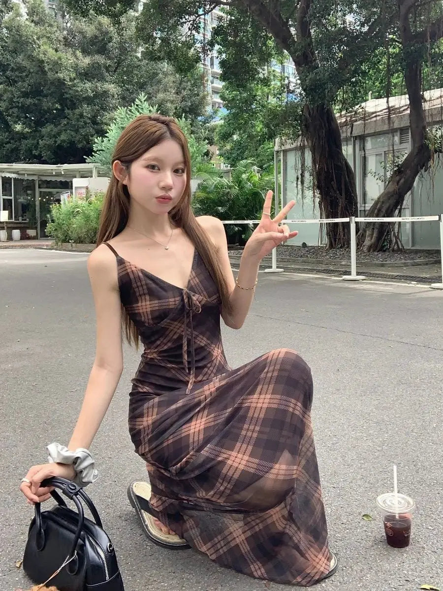 フレンチ調 グリッド柄 キャミソールワンピース