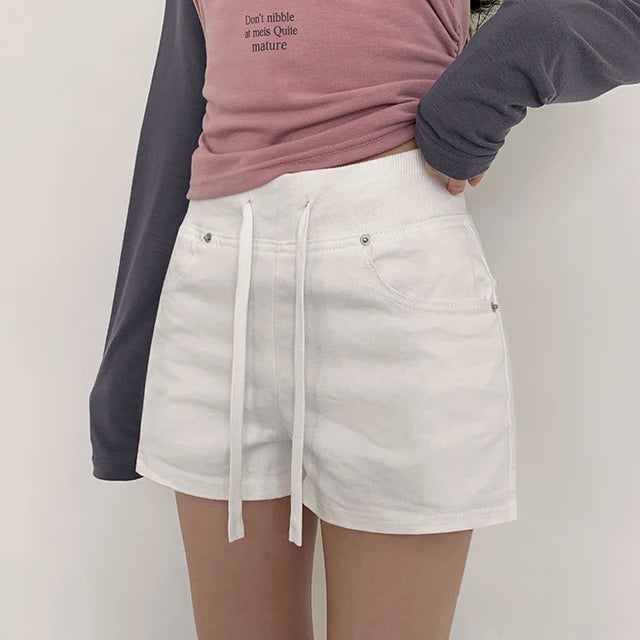 ハイウエスト デニムショートパンツ 白 ベルト付き
