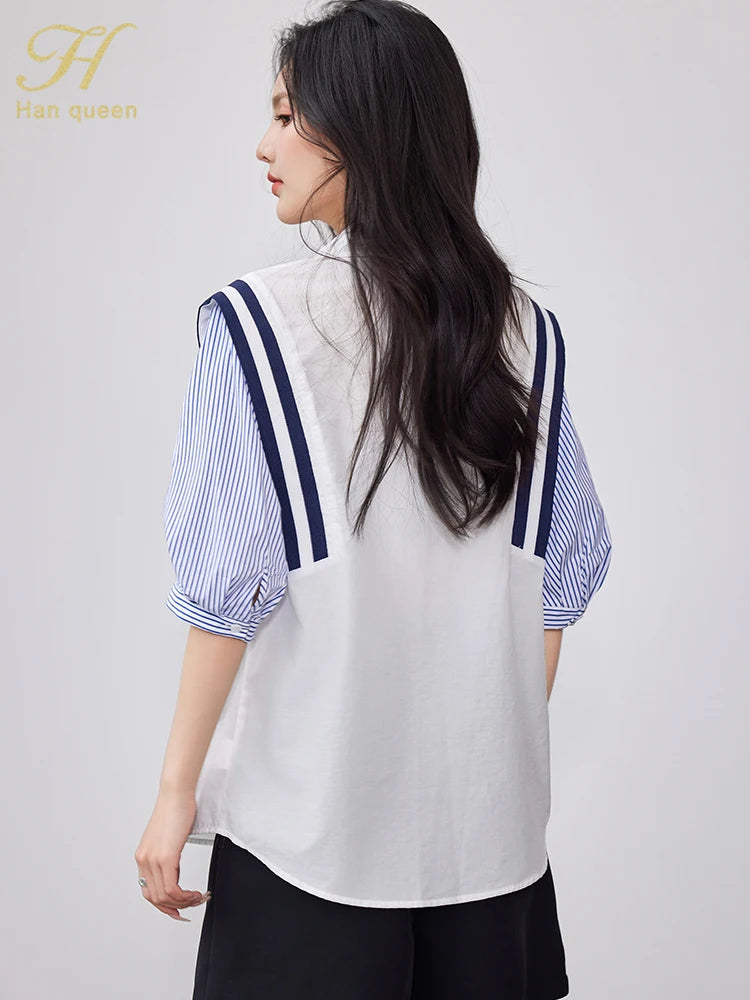 配色ストライプ シフォン半袖ブラウス