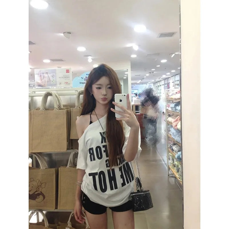 レタープリント オフショルダーTシャツ ホワイト