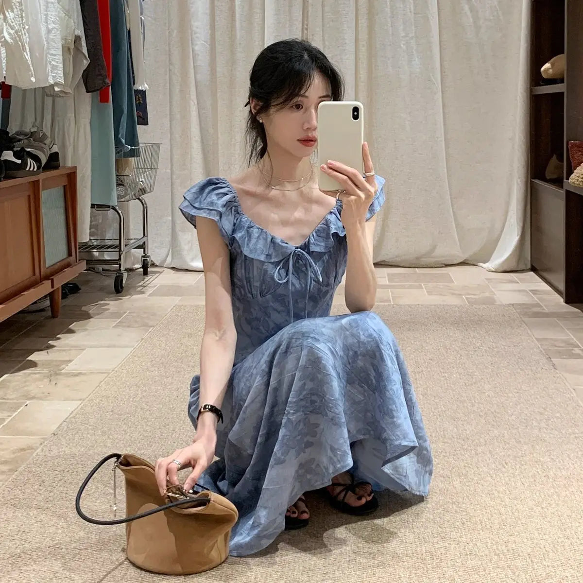 ブルー花柄 フライスリーブ ロングワンピース