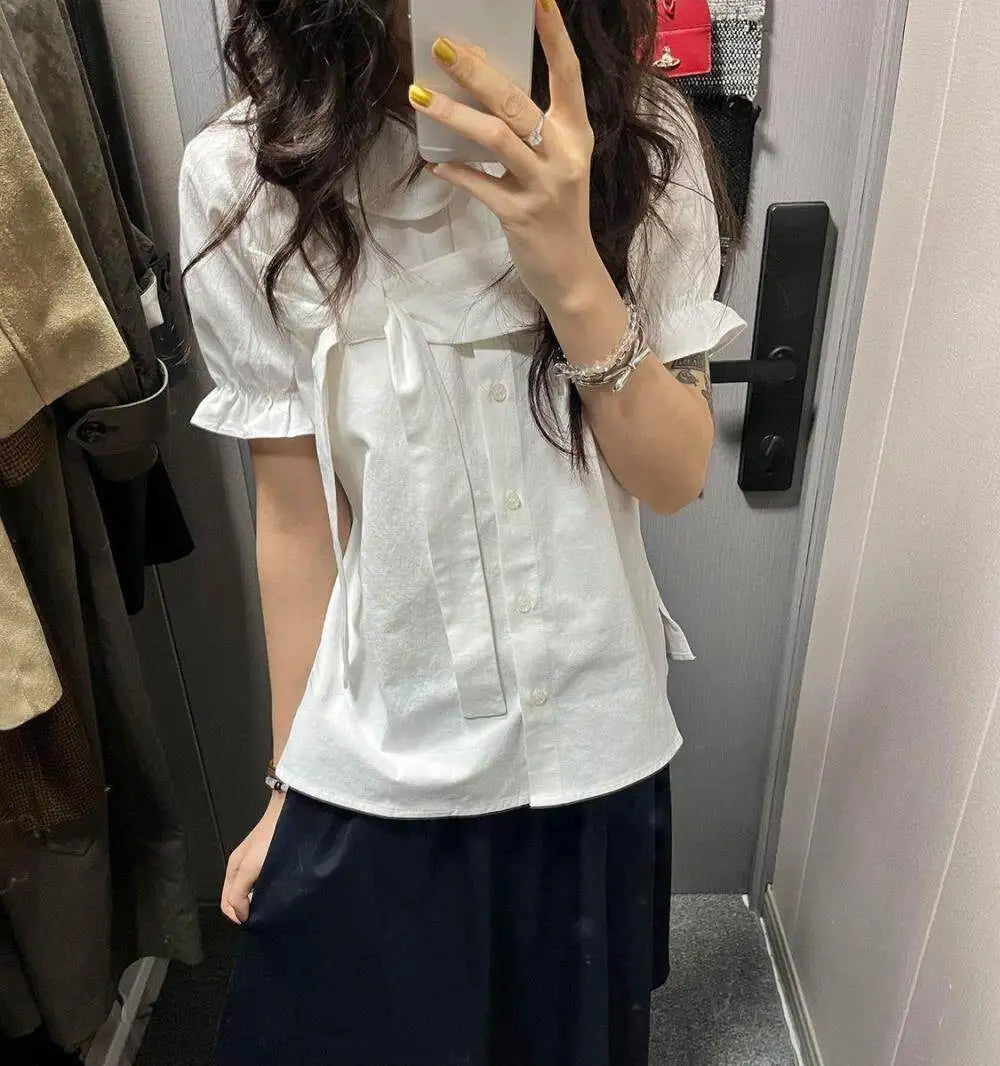 Erwofeina 丸襟リボン付き半袖シャツ