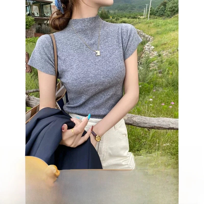 ハーフハイネック 半袖スリムTシャツ
