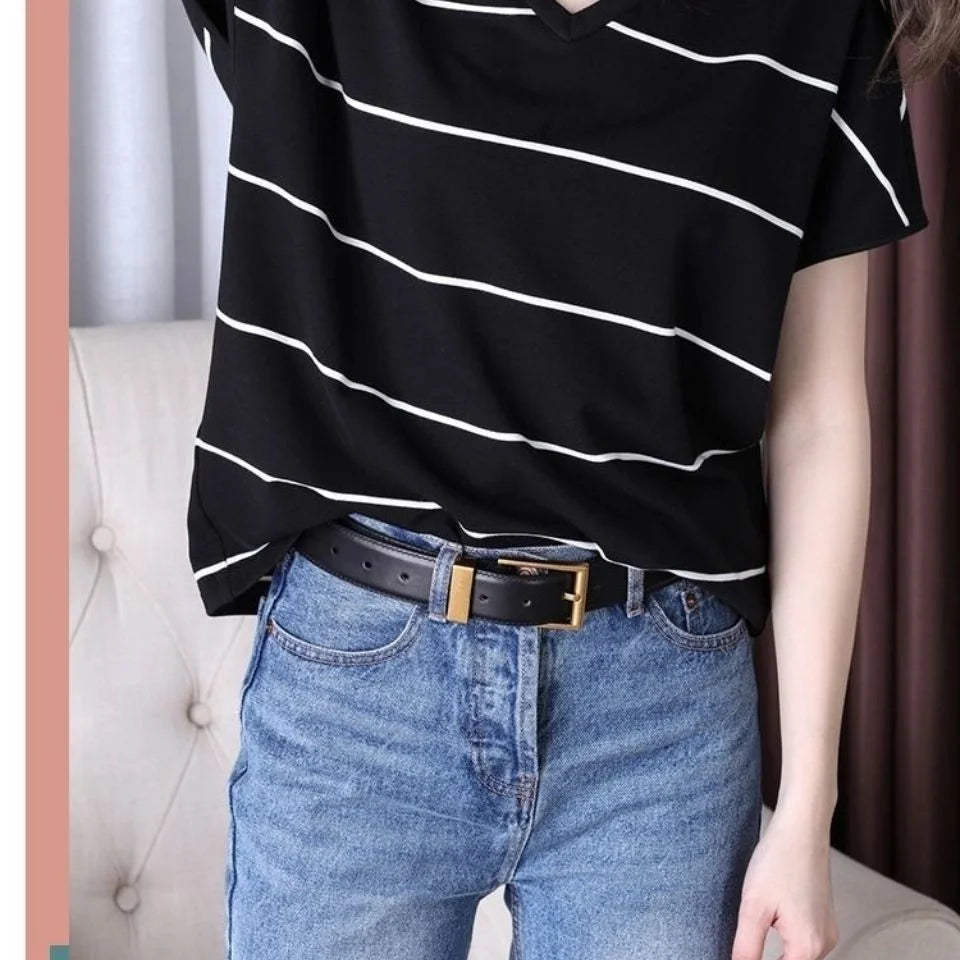 大きいサイズ ストライプVネックTシャツ