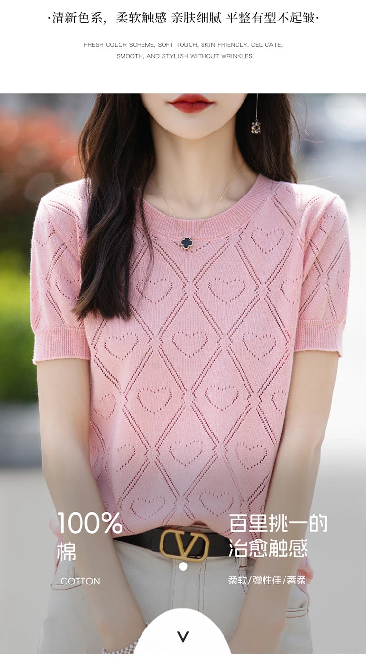 コットン100% 透かし編みニットTシャツ