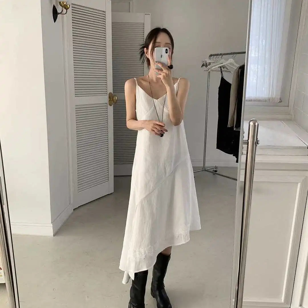 アシンメトリーヘム Vネックロングワンピース ブラック