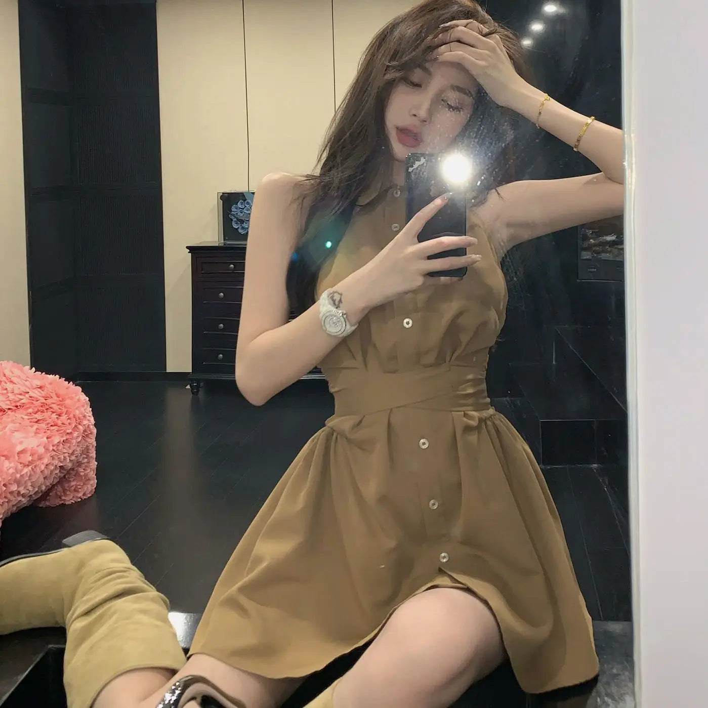 リボン付き 襟付きミニワンピース カーキ