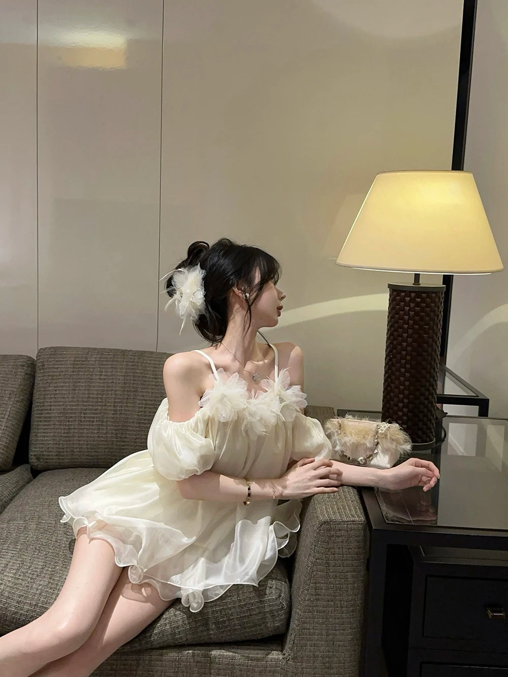 ワンショルダー パフスリーブ シフォンブラウス ピンク