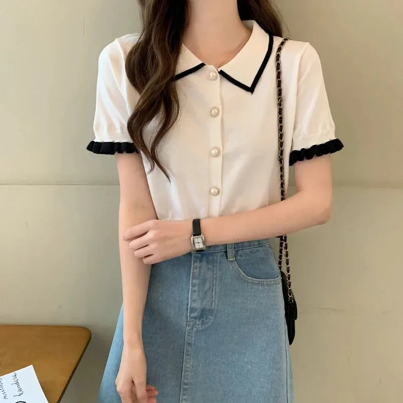 折り襟ニット 半袖クロップドシャツ