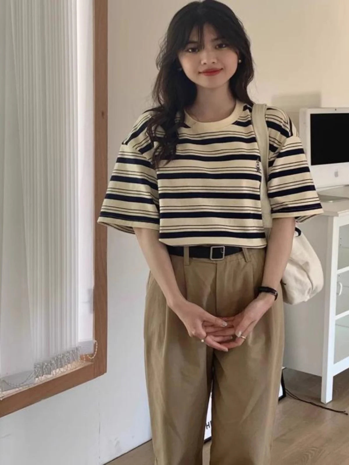 ボーダー柄 ルーズフィット 半袖Tシャツ