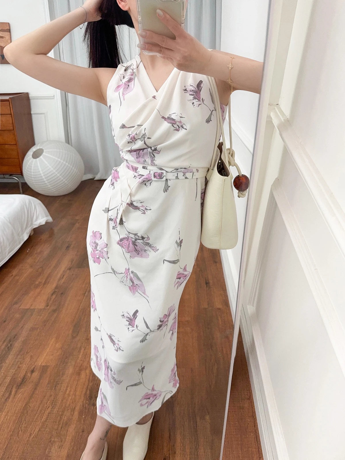 花柄 Vネック ベルト付きロングワンピース